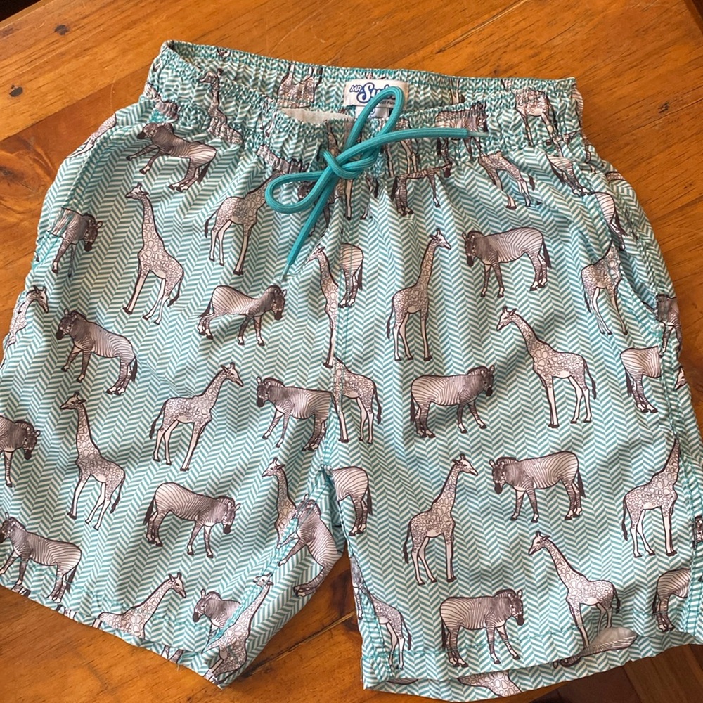 Mr. swim fun trunks men’s small. Teal chevron with zoo animals. GUC.